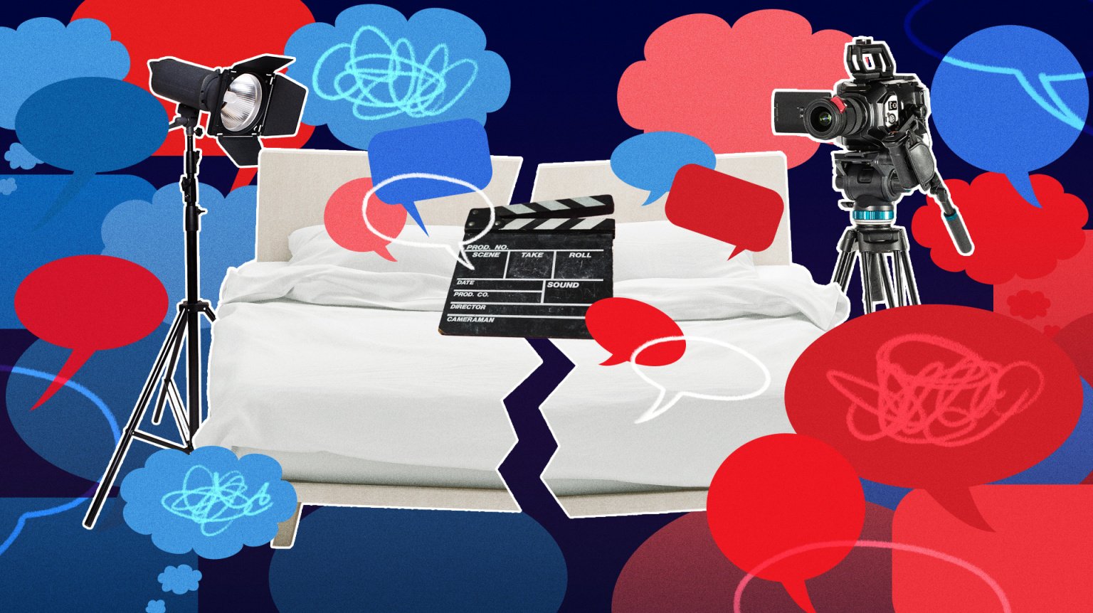 empty porn set with red and blue speech bubbles surrounding it