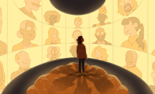 A person looks at a wall of screens each of which features a "coach" looking back at them.