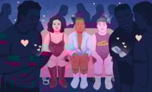 Kinky people sitting on a couch surrounded by people on their phonesÂ
