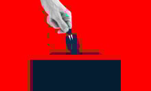 Human hand placing an icon of man wearing suit into the voting box.