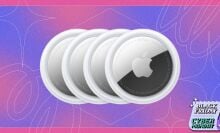 An Apple AirTag 4 Pack appears on a pink and purple background with the Mashable Cyber Monday logo.