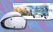 playstation vr2 headset on the left and the playstation vr2 horizon call of the mountain bundle box on the right against a purple and blue swirling background