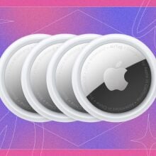 An Apple AirTag 4 Pack appears on a pink and purple background with the Mashable Cyber Monday logo.