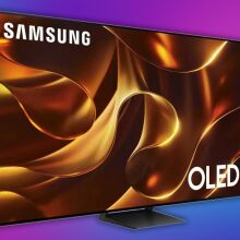samsung 77-inch s84d 4k oled tv on a blue and pink gradient background