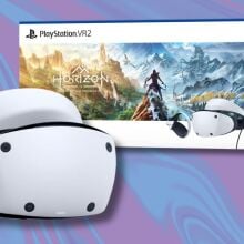playstation vr2 headset on the left and the playstation vr2 horizon call of the mountain bundle box on the right against a purple and blue swirling background