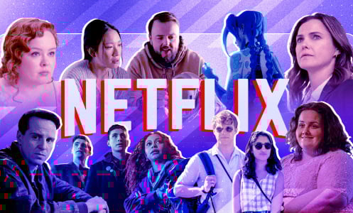 A collage of images from the best Netflix shows of the year, around the Netflix logo.