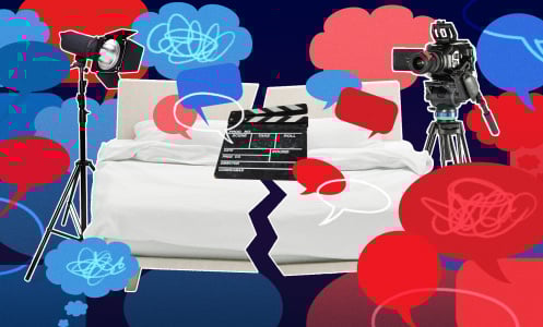 empty porn set with red and blue speech bubbles surrounding it