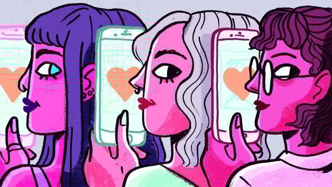 An illustration of three people holding up cell phones, each with a large heart illustration on the screen.