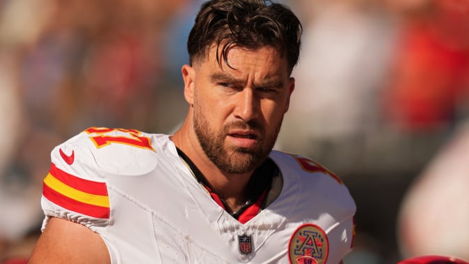 Travis Kelce of the Kansas City Chiefs looks on