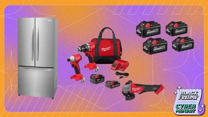 Milwaukee tools and batteries appear next to a Frigidaire refrigerator on a pink and orange background with the Mashable Cyber Monday logo.