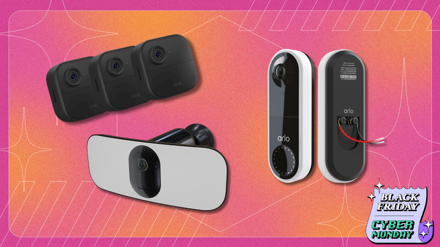 A collage of three home security products on a pink background: three black Blink Mini indoor security cameras (top left), a Arlo Pro 3 (bottom center), and a white Arlo Essential Wired Video Doorbell (top right).