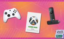 Xbox Game Pass logo, xbox controller, and Fire TV Stick 4K in front of an orange background