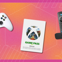 Xbox Game Pass logo, xbox controller, and Fire TV Stick 4K in front of an orange background