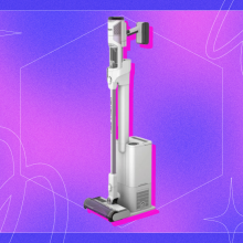 Shark cordless vacuum and auto-empty dock on purple and pink backdrop