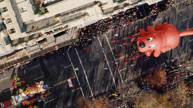 overhead view of Macy's Thanksgiving Day parade