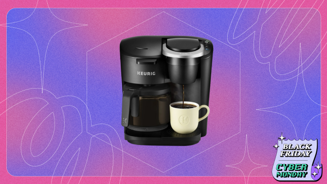 Keurig on a pink and purple background